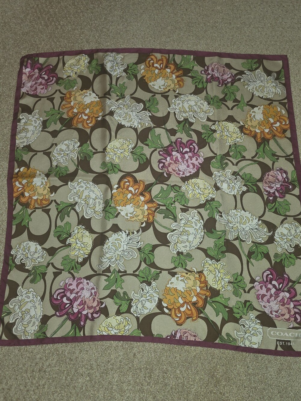 Vintage Coach Chrysanthemum 100% Silk Square Scarf 24โ Floral Y2K